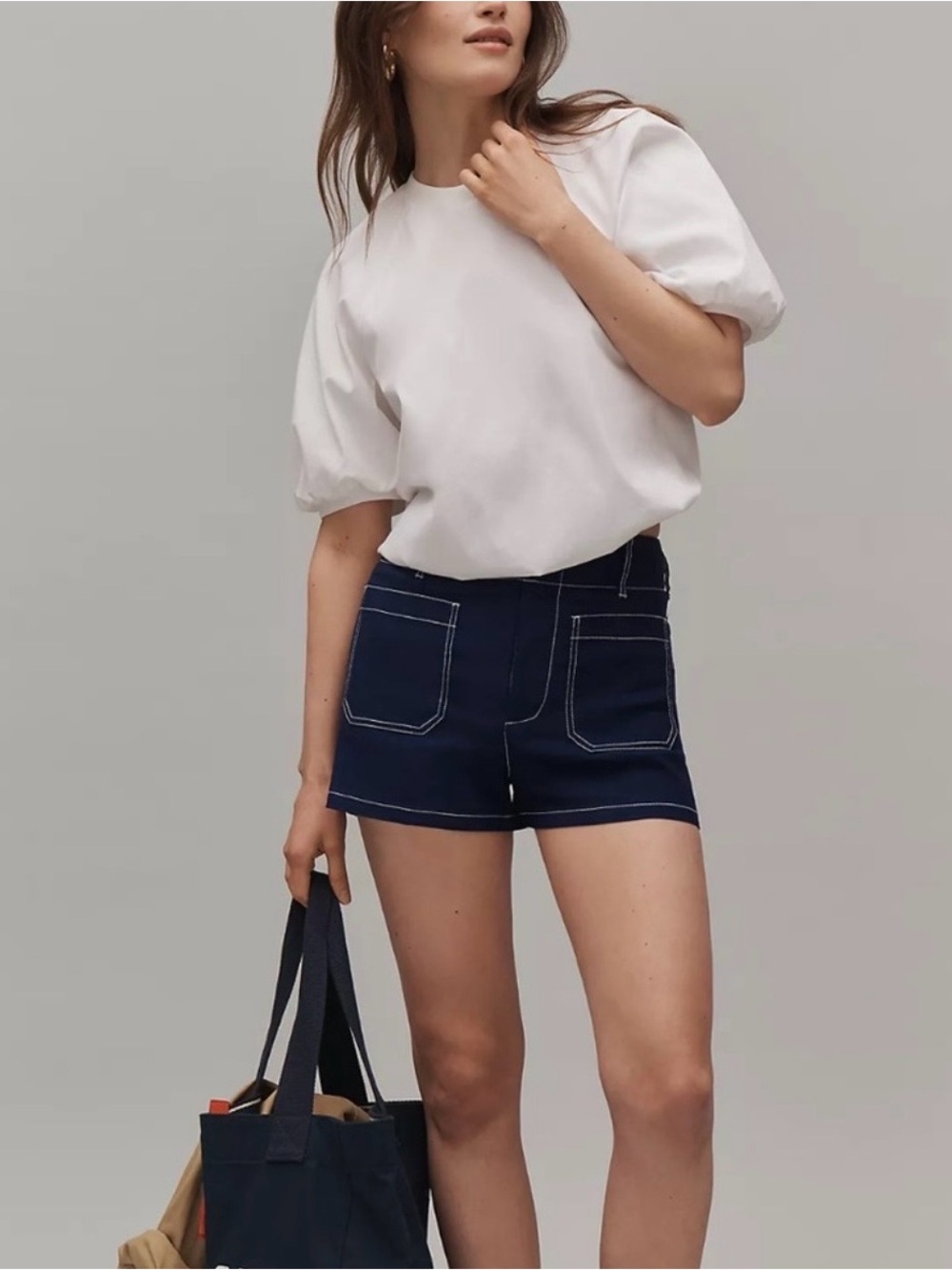 Anthropologie Maeve The Colette Short in Navy Blue With White Stitching